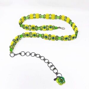 Tarina Tarantino Vintage Green yellow Beaded Belt with Crystal Flowers